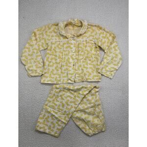 Vintage Girls Flannel 100% Cotton Pajama Set 2pc Yellow Floral Lace Collar Trim